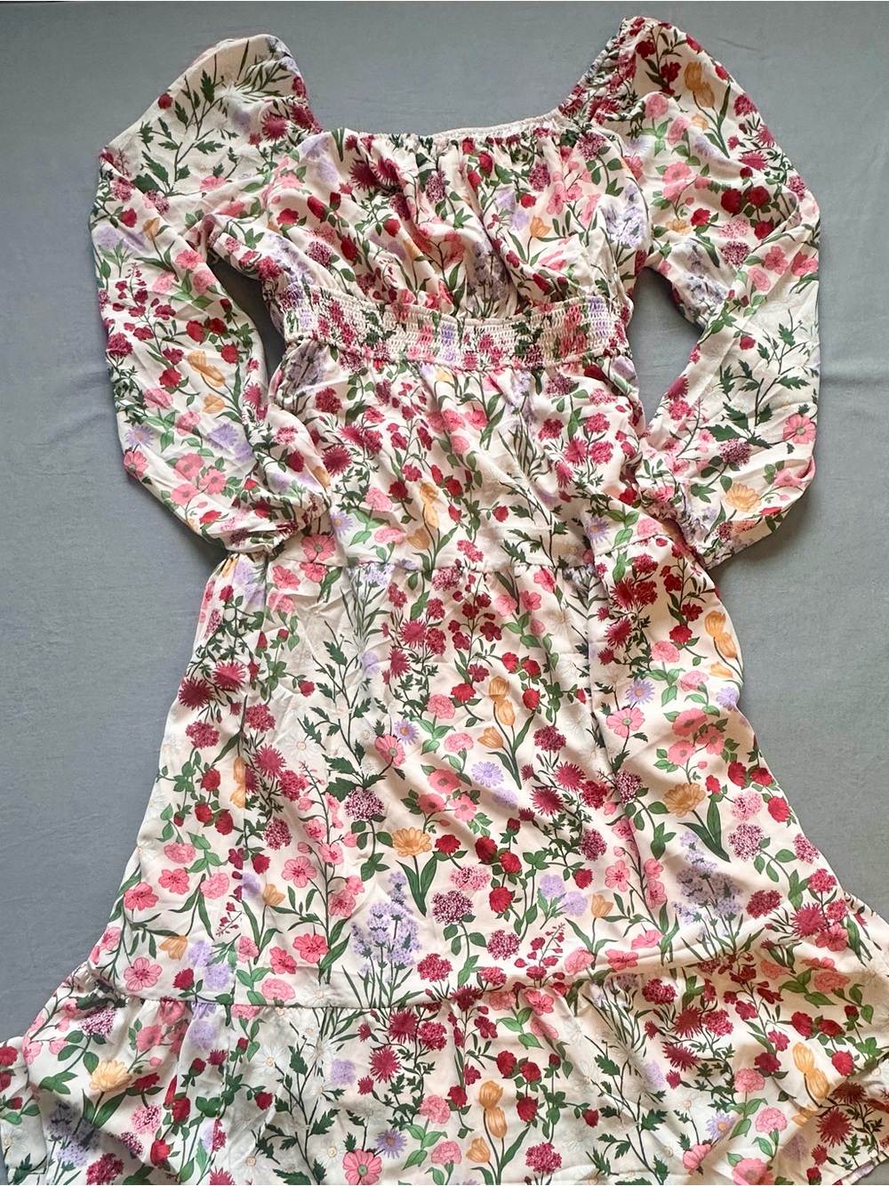 Women’s Floral Cream Pink Long-Sleeve Smocked Waist Dress